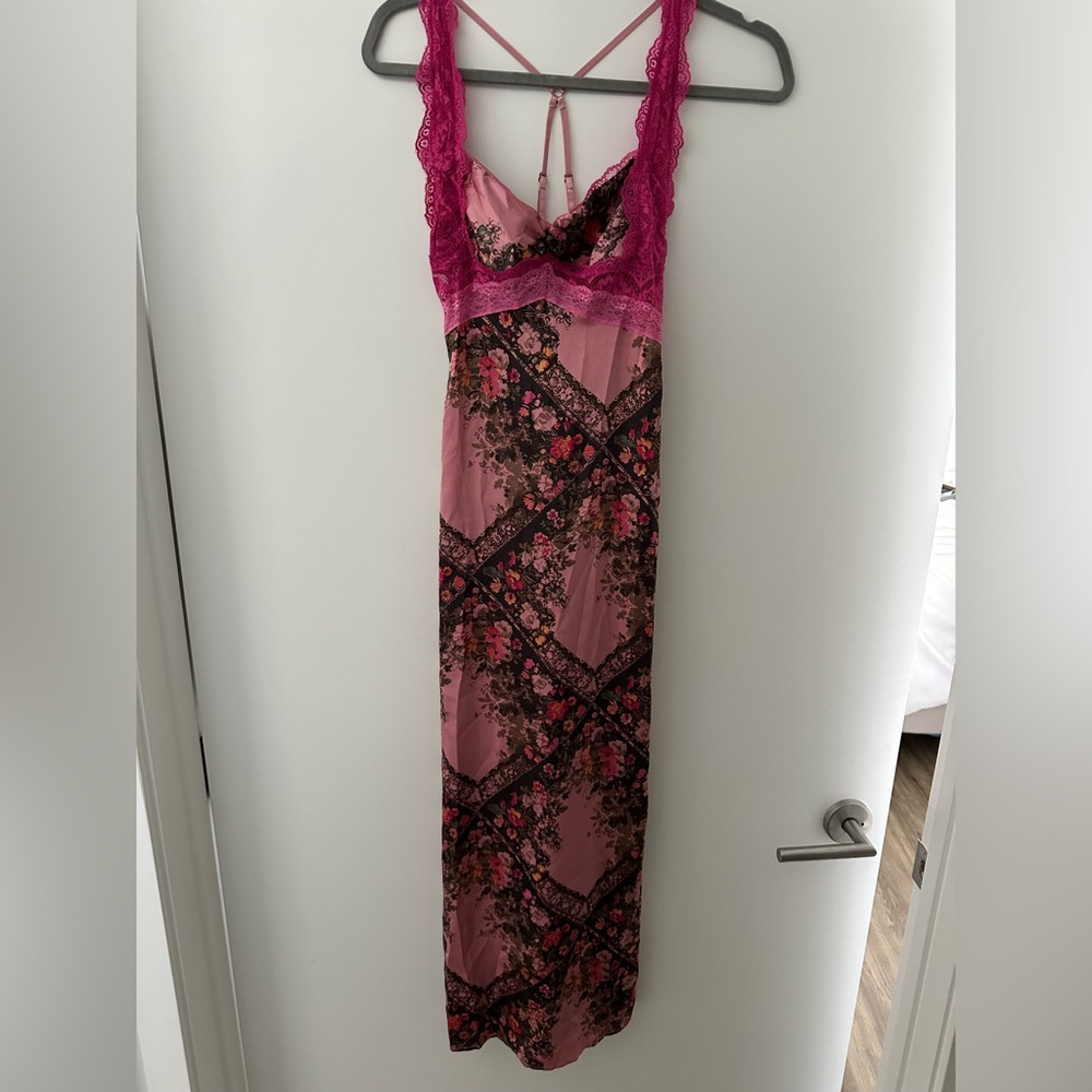 Free People Pink and Brown Floral Lace Chemise